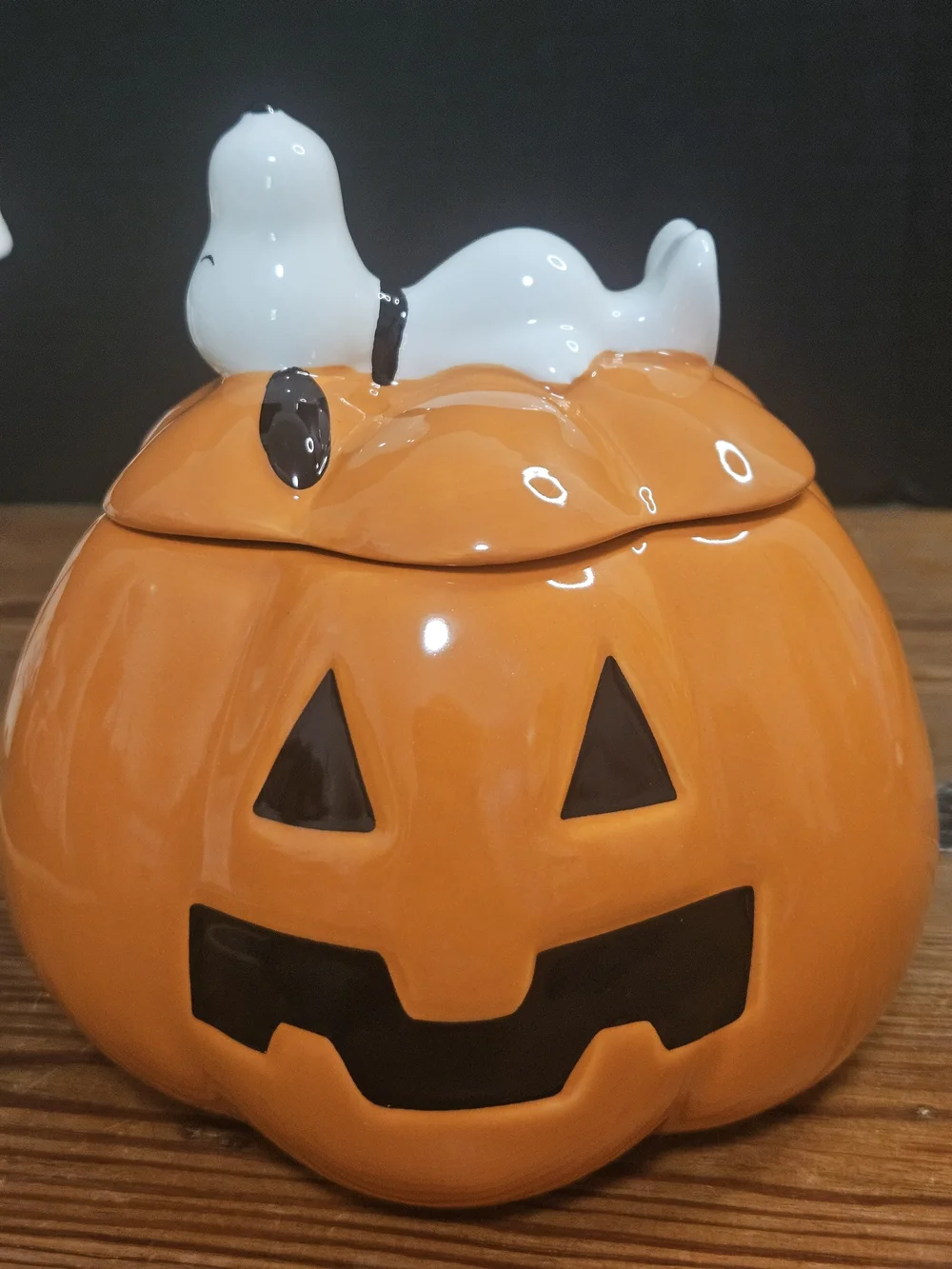Rae Dunn Ceramic Pumpkin Jack-O'-Lantern Candy Jar with Snoopy Topper